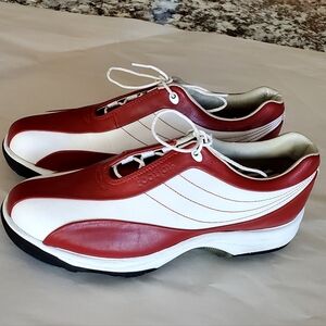 FootJoy Contour Series Leather Golf Shoes, White/Dk Red,Soft Spike Wm's 7.5, EUC